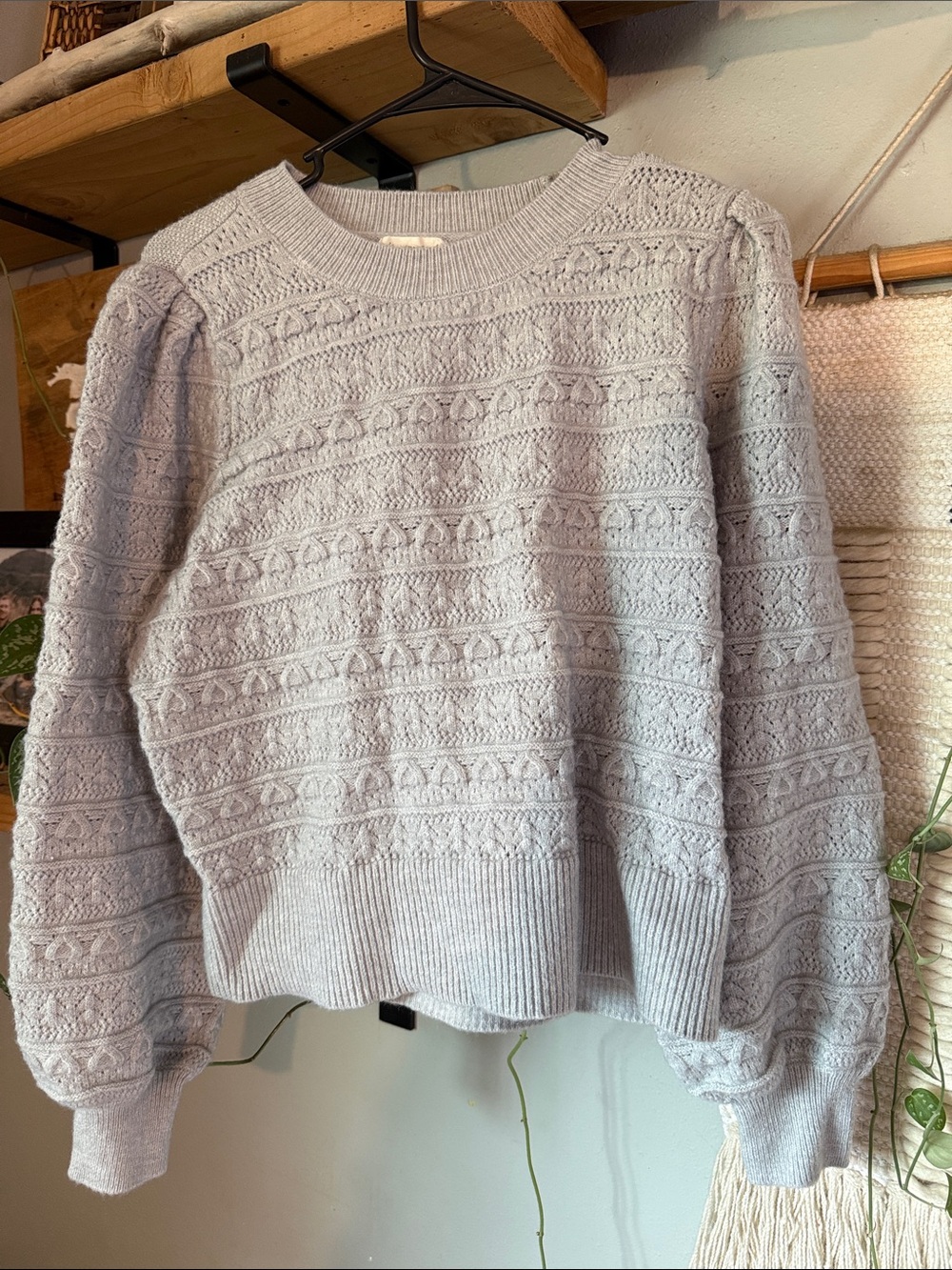 Marled Light Gray Textured Crewneck Sweater with Puff Sleeves